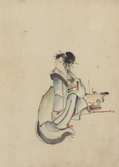 A woman, possibly a courtesan, seated, facing right, with her head turned to look back over her right shoulder, wearing several hairpins av Katsushika Hokusai