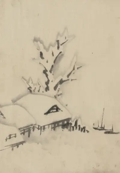 Buildings and large tree on the waterfront, with two boats anchored offshore av Katsushika Hokusai