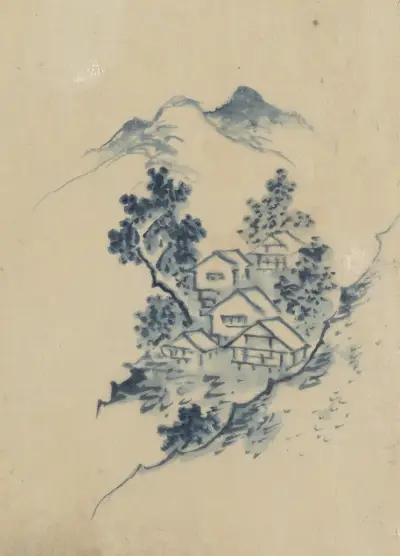 Buildings nestled among trees in a mountain valley av Katsushika Hokusai