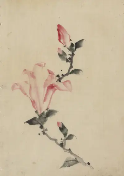 Large pink blossom on a stem with three additional buds av Katsushika Hokusai