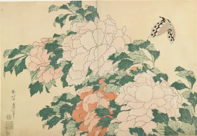 Peonies and Butterfly av Katsushika Hokusai