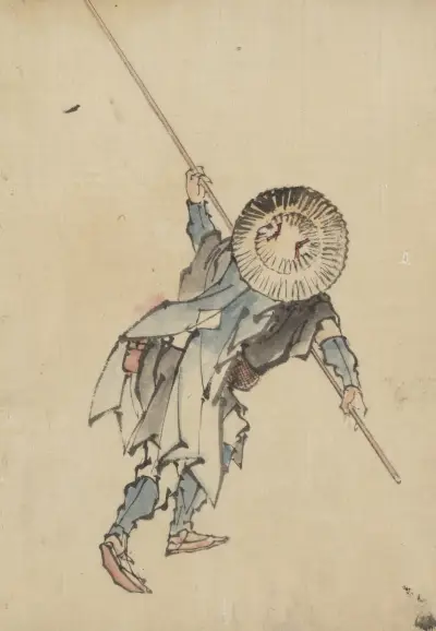 Rear view of a man, full-length, standing, wearing several layers of clothing and a rounded-top conical hat av Katsushika Hokusai