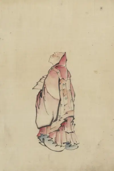 Side view of a monk, full-length portrait, facing left, wearing gown with hood av Katsushika Hokusai