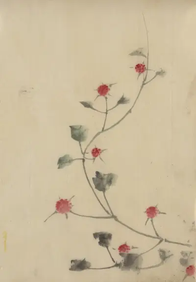Small red blossoms on a vine av Katsushika Hokusai