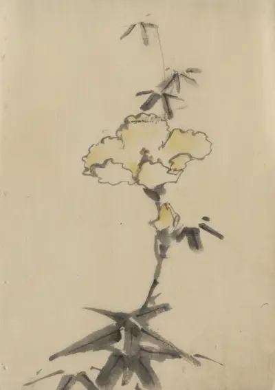 Yellow blossom with bud on a stalk above leaves av Katsushika Hokusai