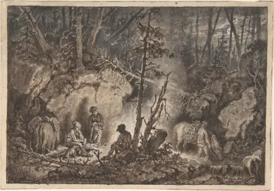Jägare vilar i en skog om natten av Kilian Zoll