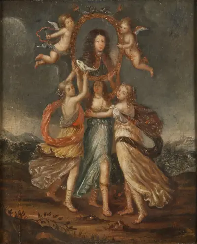 Tre allegoriska figurer bärande porträttet av Karl XI av Sverige av David Klöcker Ehrenstrahl
