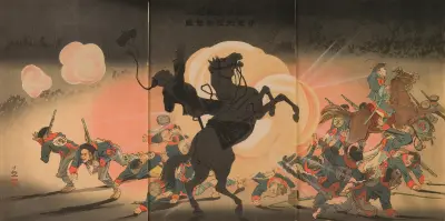 Bombarding the Enemy Camp as Our Second Army Lands at Jinzhou Fortress av Kobayashi Kiyochika
