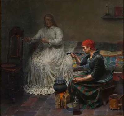 Leonora Christina in Blaataarn. The woman is cooking porridge av Kristian Zahrtmann