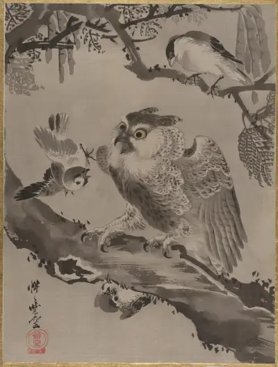 Owl Mocked by Small Birds, Kawanabe Kyōsai