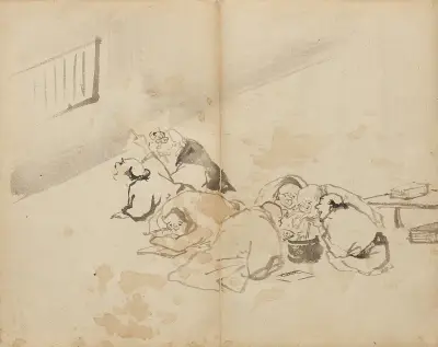 People Dining and Reading, Kawanabe Kyōsai