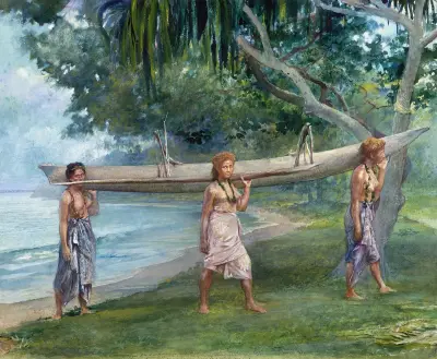 Mädchen tragen ein Kanu – Vaiala auf Samoa von John La Farge