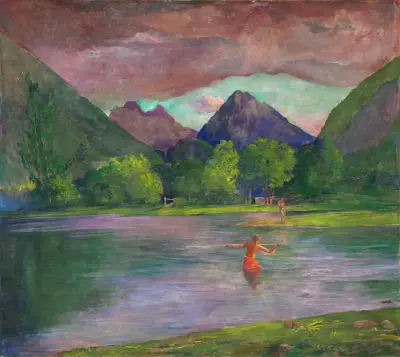 Die Mündung des Tautira-Flusses, Tahiti. Fischer, der einen Fisch mit dem Speer fängt von John La Farge