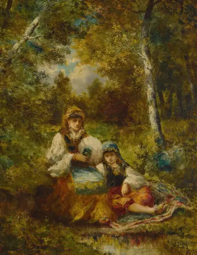 Repos de bohémiennes en forêt (esquisse) av Narcisse-Virgile Diaz de La Peña