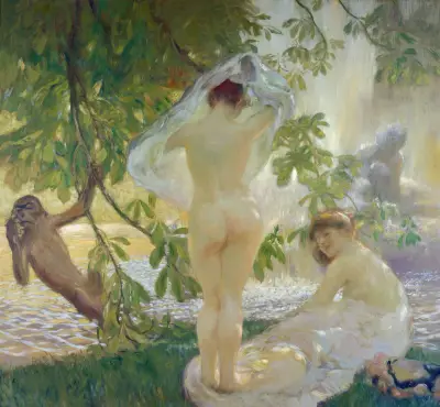 La chemise enlevée, baigneuses av Gaston La Touche