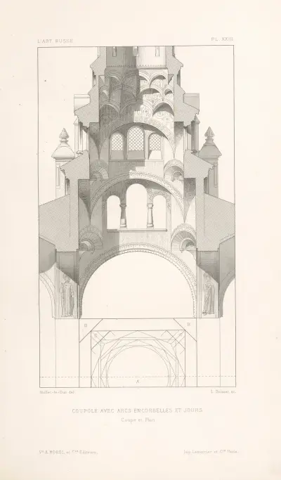 Coupole avec arcs encorbellés et jours. — Coupe et plan av Eugène-Emmanuel Viollet-le-Duc