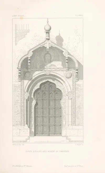 Porte d’église avec auvent de charpente av Eugène-Emmanuel Viollet-le-Duc