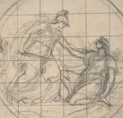 Návrh na medailon; lovkyně klečící před ozbrojenou bohyní, Eustache Le Sueur