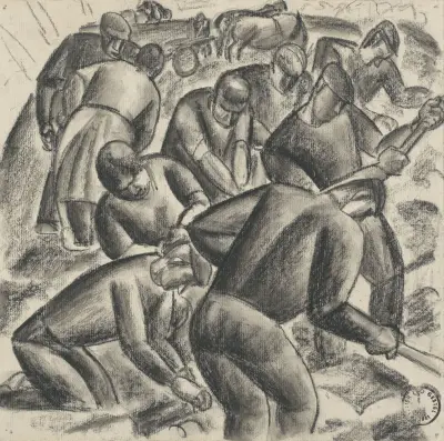 Aardappelrooiers aan het werk op het land av Leo Gestel