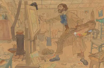 Poněkud karikaturní zobrazení malíře (pravděpodobně Jana Sluyterse) pracujícího ve svém ateliéru na luministické krajině, Leo Gestel
