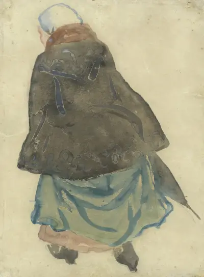 Lopende vrouw met cape en parapluie, op de rug gezien av Leo Gestel