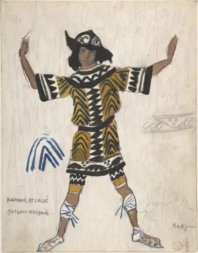 Kostümentwurf für einen Räuberjungen im Ballett 'Daphnis und Chloé' von Léon Bakst