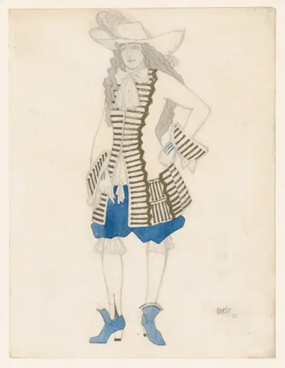 Kostümentwurf für einen Höfling, wahrscheinlich für das Ballett ‚Dornröschen‘ von Léon Bakst