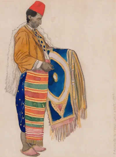 Kostümentwurf für 'Aladin ou la Lampe Merveilleuse'; Der Teppichhändler von Léon Bakst
