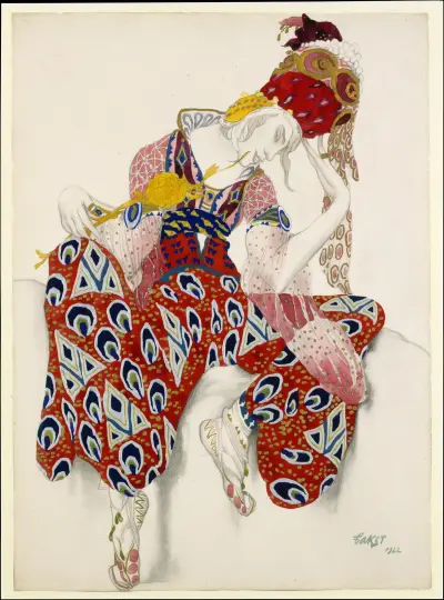 Kostümstudie für Vaslav Nijinsky in der Rolle des Iksender im Ballett „La Péri“ (Die Blume der Unsterblichkeit) von Léon Bakst