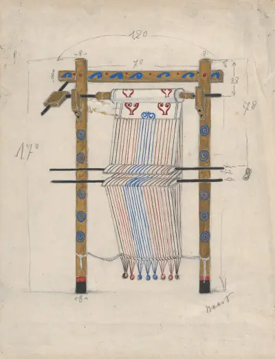 Entwurf für einen Webstuhl, möglicherweise für das Ballett „Helen von Sparta“ von Léon Bakst