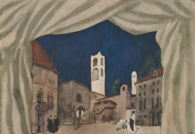 Bühnenbildentwurf für das Ballett „Le Donne de Buon Umore“ (Die gut gelaunten Damen) von Léon Bakst