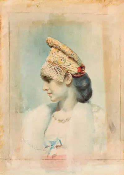 Porträt eines Mädchens mit Kokoschnik im Profil von Léon Bakst