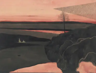 Landscape under a Red Evening Glow with Migratory Birds av Léon Spilliaert