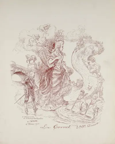 Café Cardinal. 139me diner du Cornet, le 8 février 1910, Adolphe Léon Willette