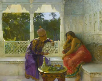 Figures In An Interior With Garden Of Palms Beyond av Edwin Lord Weeks