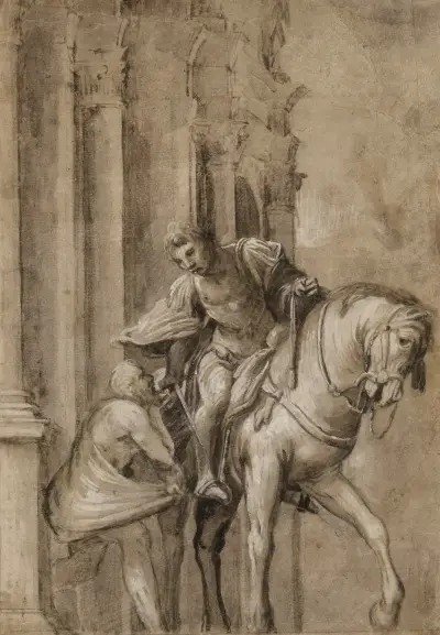 Saint Martin Dividing His Cloak with a Beggar von Lorenzo Lotto