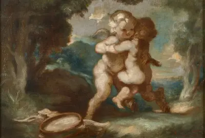 Amour ailé lutinant avec jeune faune av Louis Anquetin