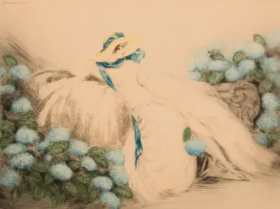 Lady with Blue Flowers, Louis Icart