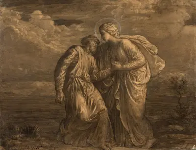 Angel supporting a weakened man av Louis Janmot