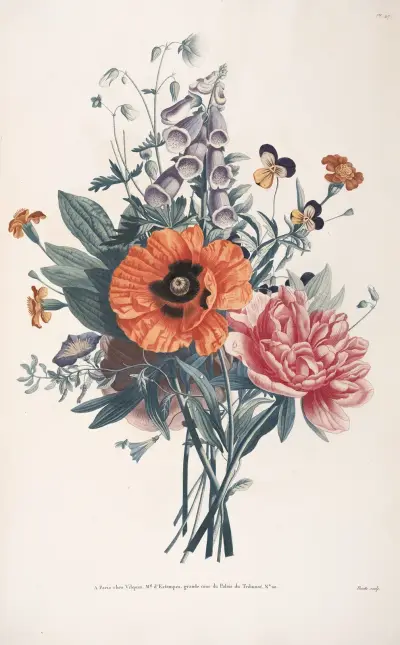 Bouquet de Digitale, Clématite, Pensée, Tagète, Pivoine, Pavot, et Belle-de-jour, ou Liseron tricolor av Jean Louis Prévost