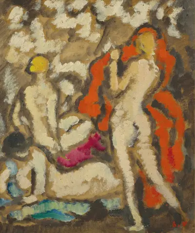 Trzy młode nagie kobiety przy czerwonej draperii, Louis Valtat