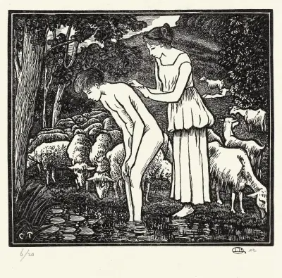 Daphnis wordt gewassen door Cloë von Lucien Pissarro