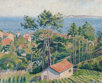 Vue du Lavandou avec mer bleue von Lucien Pissarro