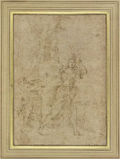 Eine Frau (La Pazza) mit sonderbarem Kopfputz flieht vor zwei Verfolgern von Ludovico Carracci