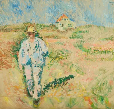 Hvitkledd mann i skagenlandskap, Ludvig Karsten