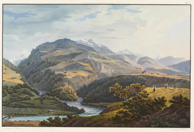 Vue de la réunion des deux bras du Rhin supérieur et du Rhin du milieu prise près le couvent de Dissentis av Johann Ludwig Bleuler
