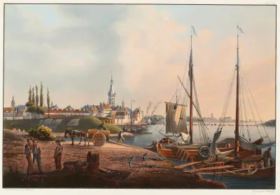 Vue de la ville de Dusseldorf prise de l’Academie av Johann Ludwig Bleuler