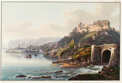 Vue de St. Goar et de la ruine de Rheinfels vers le rocher de Lourley av Johann Ludwig Bleuler
