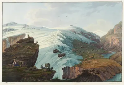 Vue du Glacier du Rheinwald prise près les cabanes des bergers de Bergame av Johann Ludwig Bleuler
