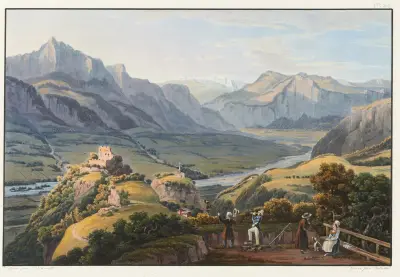 Vue du mont Tabor prise du couvent de Pfeffers vers le Pretigau av Johann Ludwig Bleuler